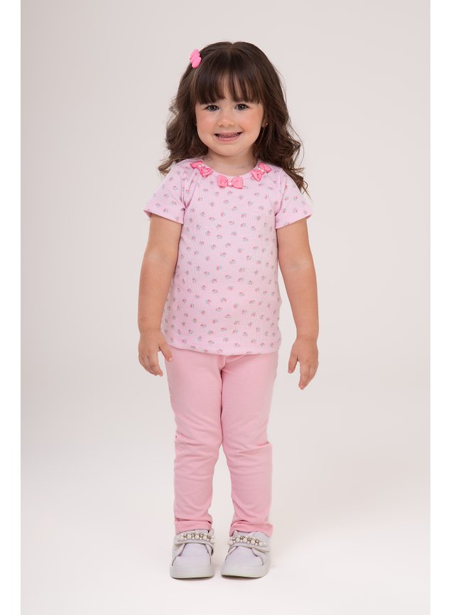 conjunto rosa flores blusa legging lacos babado menina infantil miniconceito b