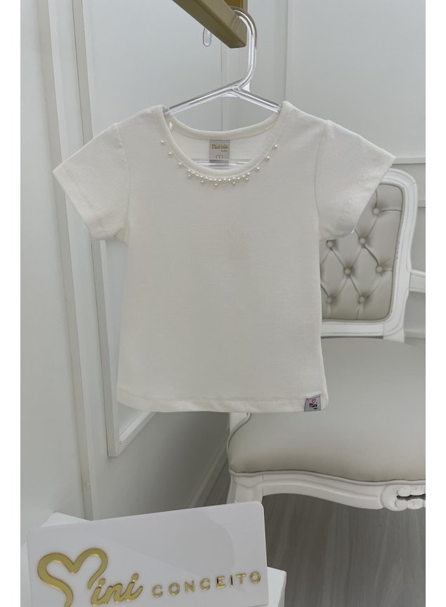 blusa branca off prolas manga curta menina infantil miniconceito
