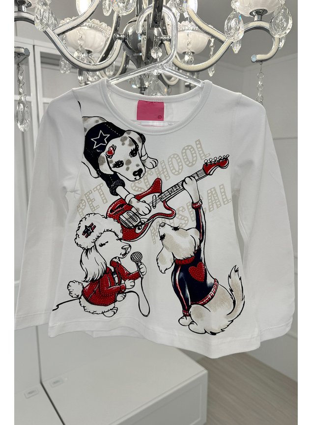 blusa manga longa cachorrinhos paite estampa menina infantil branco vermelho miniconceito