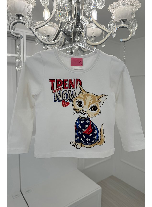 blusa manga longa gatinho paite estampa menina infantil branco vermelho miniconceito b