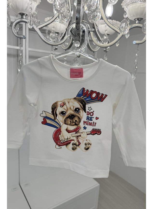 blusa manga longa cachorrinho paite estampa menina infantil branco vermelho miniconceito b