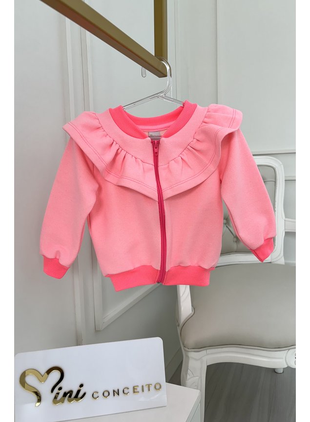 Jaqueta moletom babado rosa neon zper manga longa menina infantil mini conceito