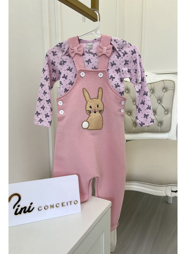 conjunto blusa lacos manga longa jardineira coelho longa rosa lilas menina infantil miniconceito