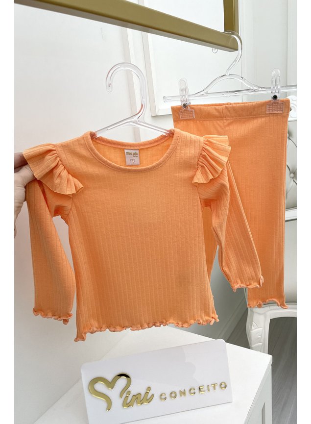 conjunto ribana canelada laranja blusa cala manga longa menina infantil miniconceito