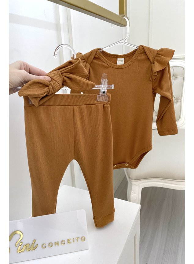 conjunto ribana canelada marrom blusa calca manga longa menina infantil miniconceito faixa body calca