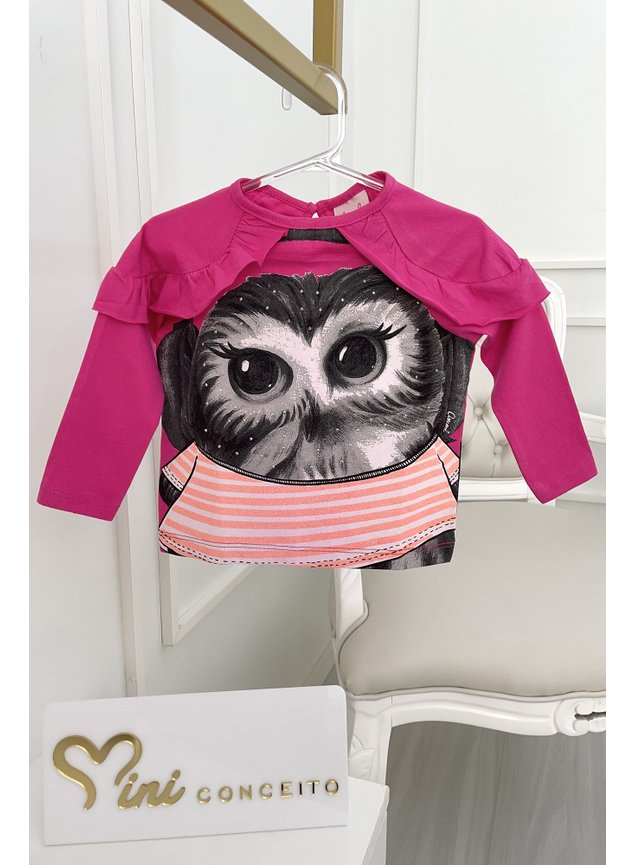 blusa manga longa pink coruja babado menina infantil miniconceito