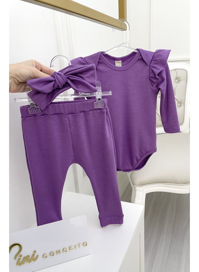 Conjunto em ribana canelada roxo lils prpura kit cala legging body faixa menina intantil bebe miniconceito