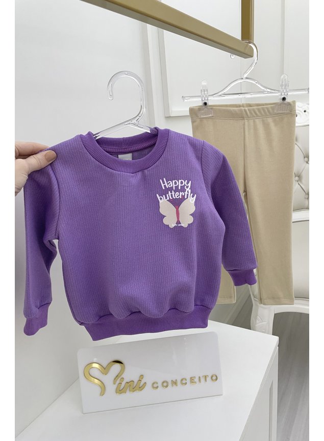 conjunto moletom ribana canelada borboleta calca casaco roxo lilas bege nude menina infantil