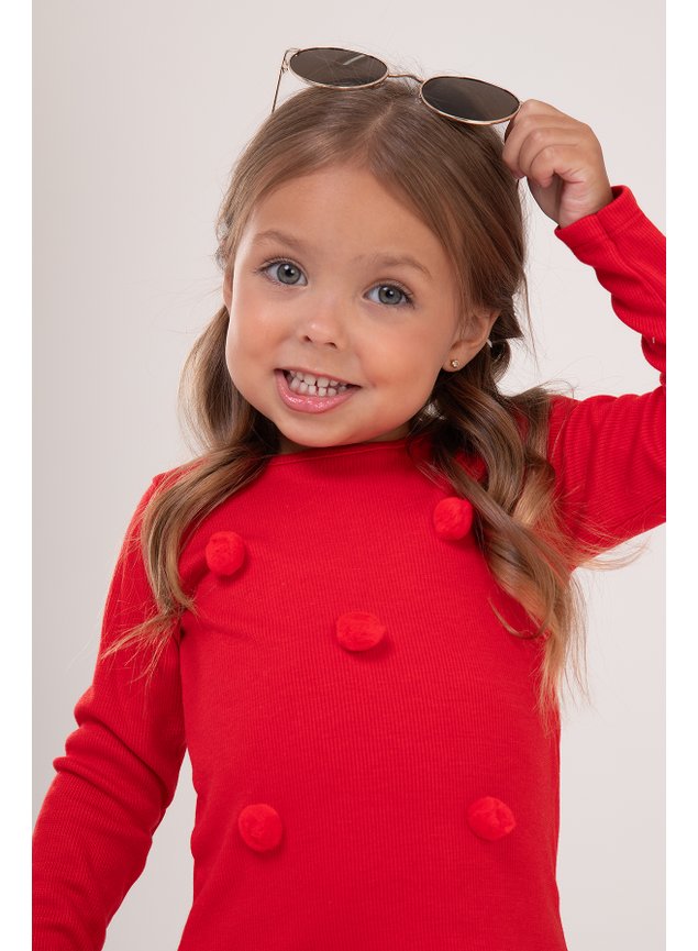 blusa manga longa pompom vermelha ribana canelada menina infantil miniconceito