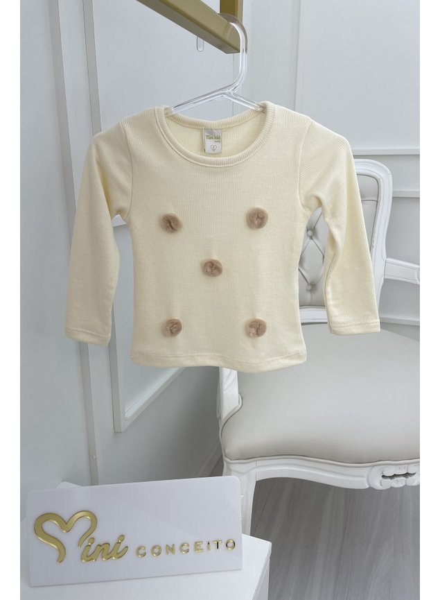 Blusa manga longa pompom nude bege ribana canelada menina infantil miniconceito b
