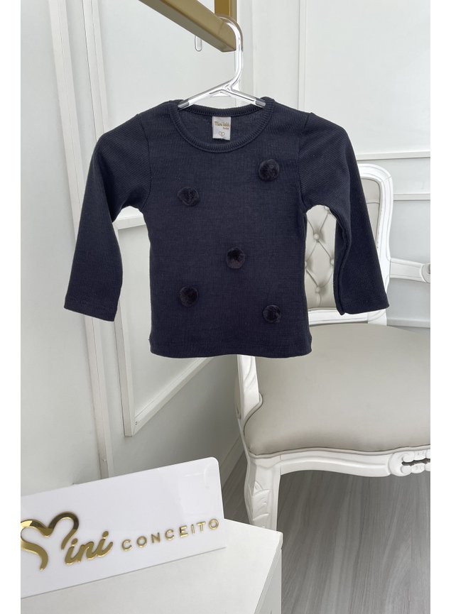Blusa manga longa pompom preto ribana canelada menina infantil miniconceito b