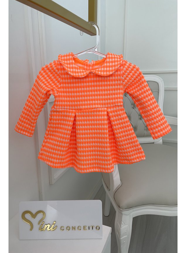 vestido manga longa xadrez laranja neon menina infantil bebe miniconceito