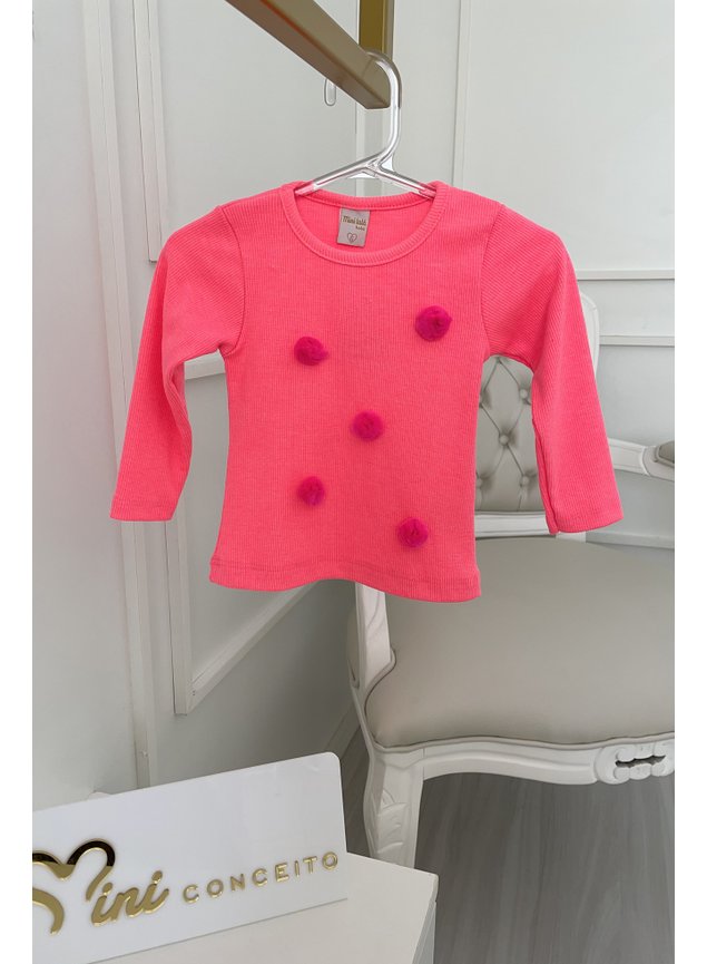 Blusa manga longa pompom rosa neon ribana canelada menina infantil miniconceito b