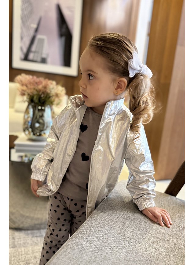 jaqueta corta vento prata brilhante foil menina infantil miniconceito c