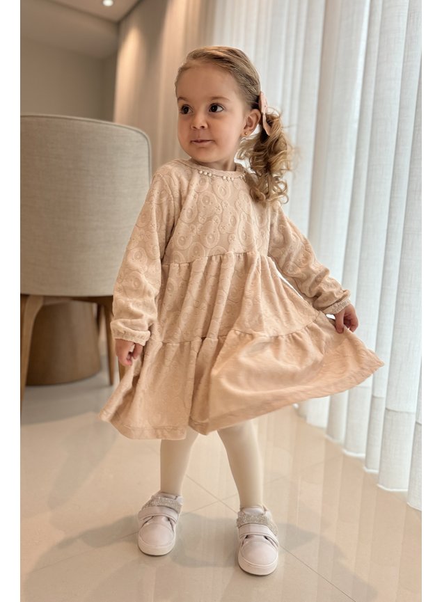 vestido manga longa bege nude urso peluciado 3d menina infantil miniconceito