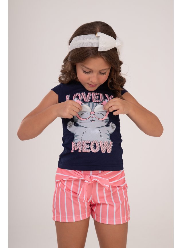 Conjunto menina infantil marinho rosa blusa shorts lao gato miniconceito