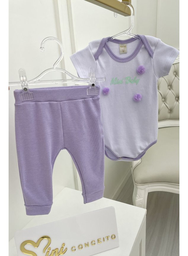 Conjunto lils pompom roxo bolinhas cala legging body menina intantil bebe miniconceito