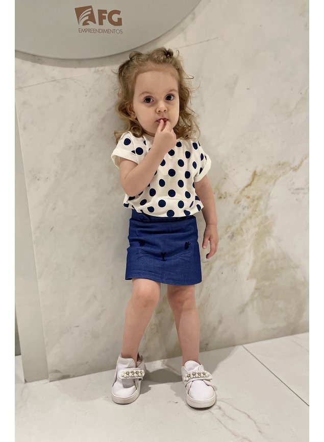 conjunto blusa e shorts saia gato jeans marinho poas bolinhas branco menina infantil m