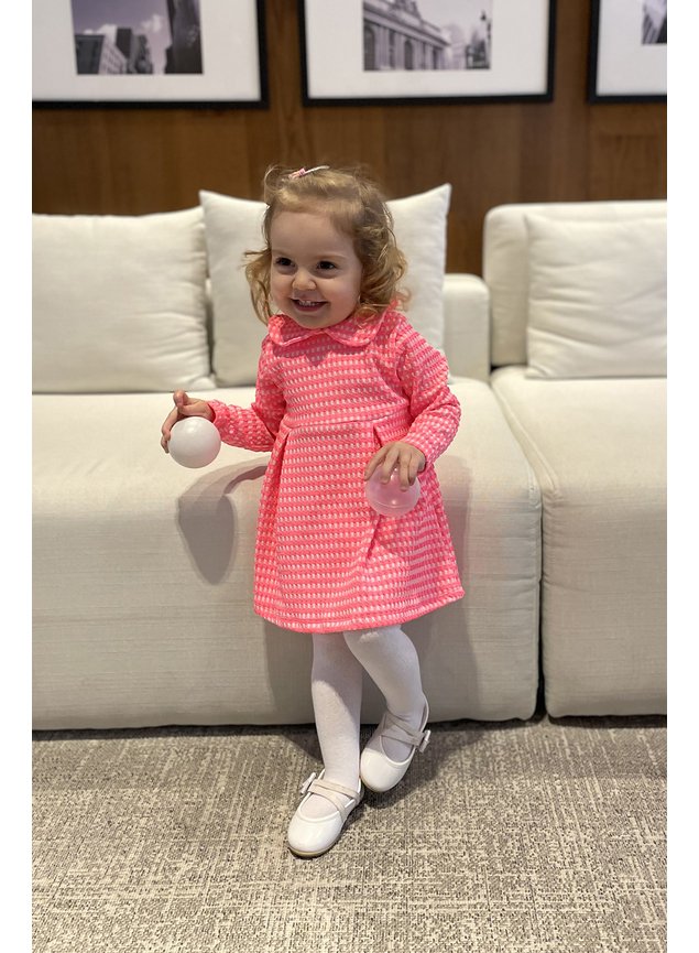vestido manga longa xadrez rosa neon menina infantil bebe miniconceito b