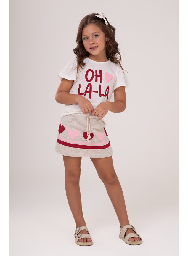conjunto blusa e shorts saia coracoes oh la la vermelho mescla cinza branco menina infantil b