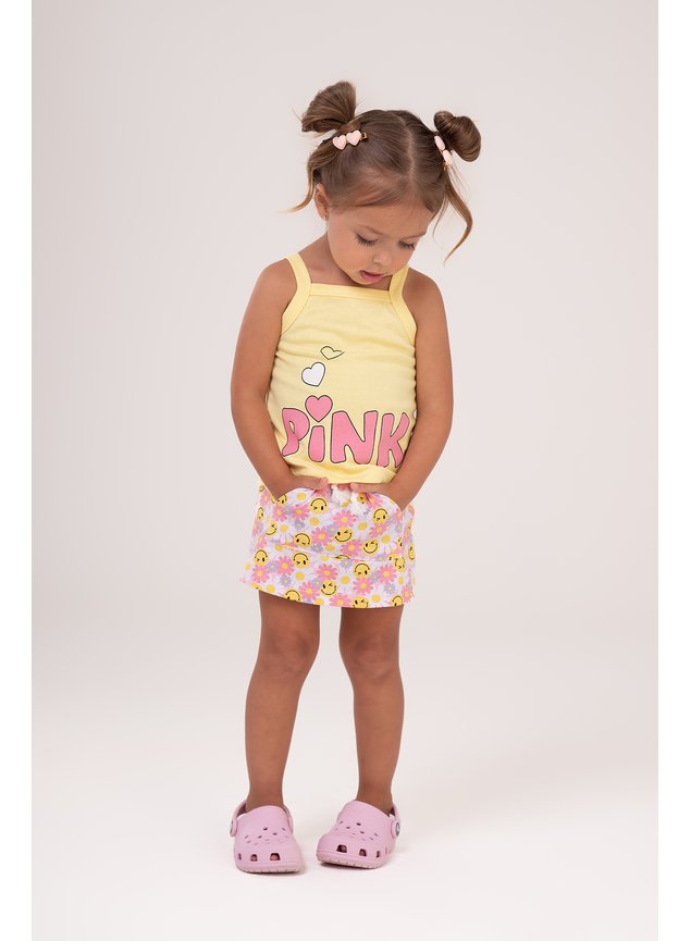 conjunto regata shorts saia amarelo flores pink menina infantil minconceito