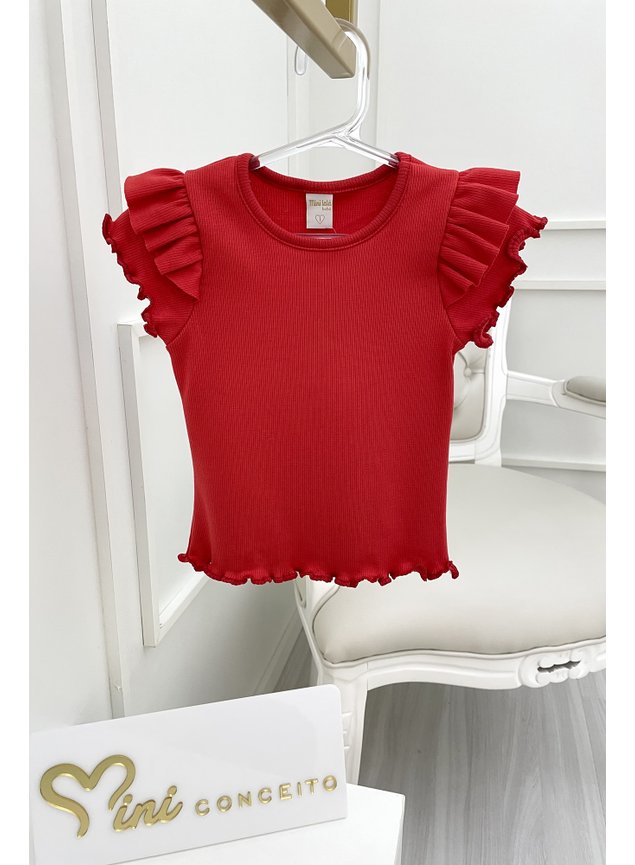 Blusa manga curta babado vermelha menina infantil  n miniconceito