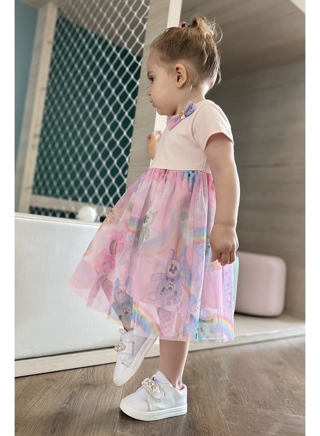 vestido urso rosa arcoiris laco carinhosos menina infantil miniconceito manga curta p