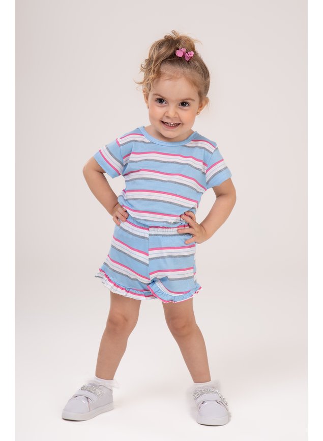 conjunto manga curta shorts saia babado listras azul menina infantil miniconceito b n