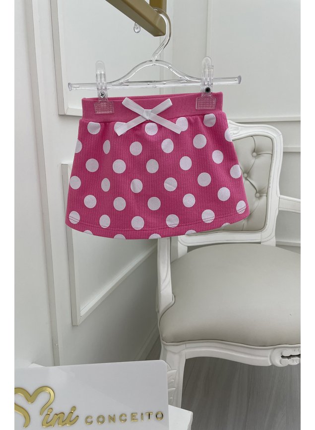 shorts saia rosa neon bolinhas branca menina infantil