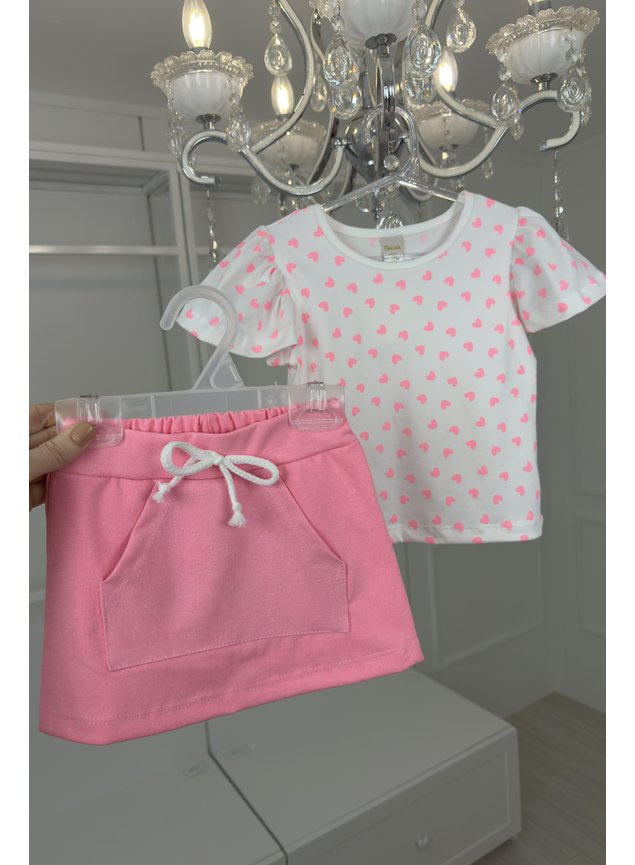 conjunto shorts saia coracoes branco rosa menina infantil miniconceito m