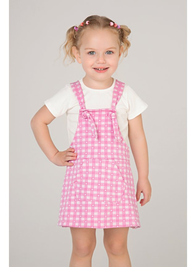 conjunto blusa jardineira shorts saia bolso funcinal ajuste xadrez rosa coracao branco menina infantil miniconceito