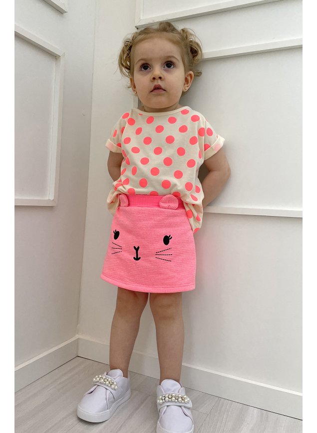 conjunto poas rosa neons gatinho off blusa shorts saia menina infantil miniconceito