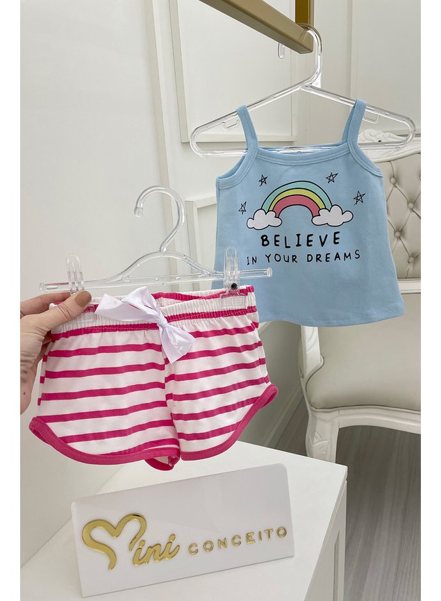 Conunto pijama shorts regata azul rosa arcoiris menina infantil miniconceito
