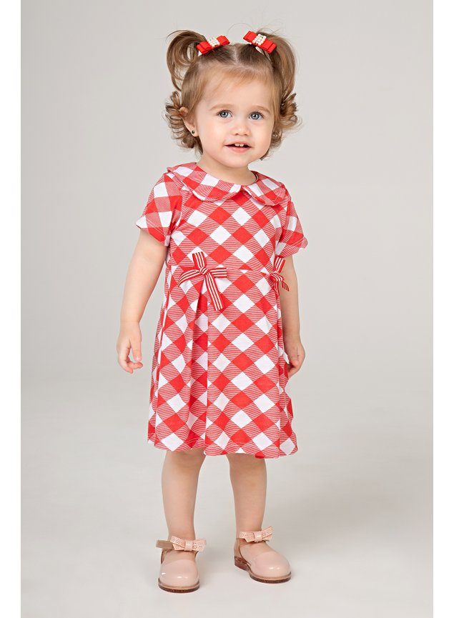 vestido xadrez vermelho branco lacos menina infantil miniconceito