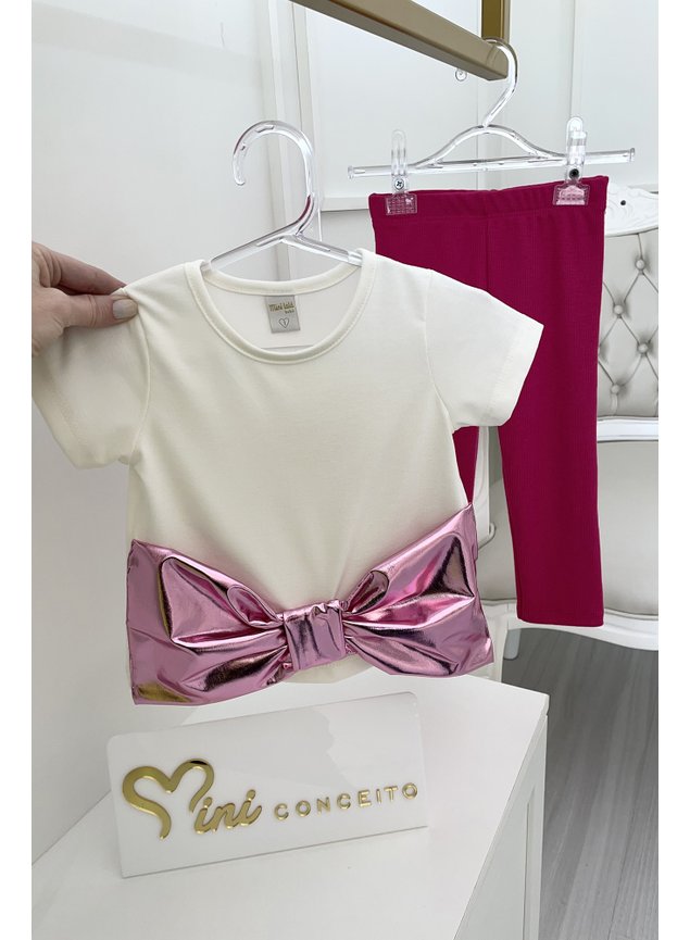 Conjunto lao metalizado blusa off cala legging preta menina infantil miniconceito