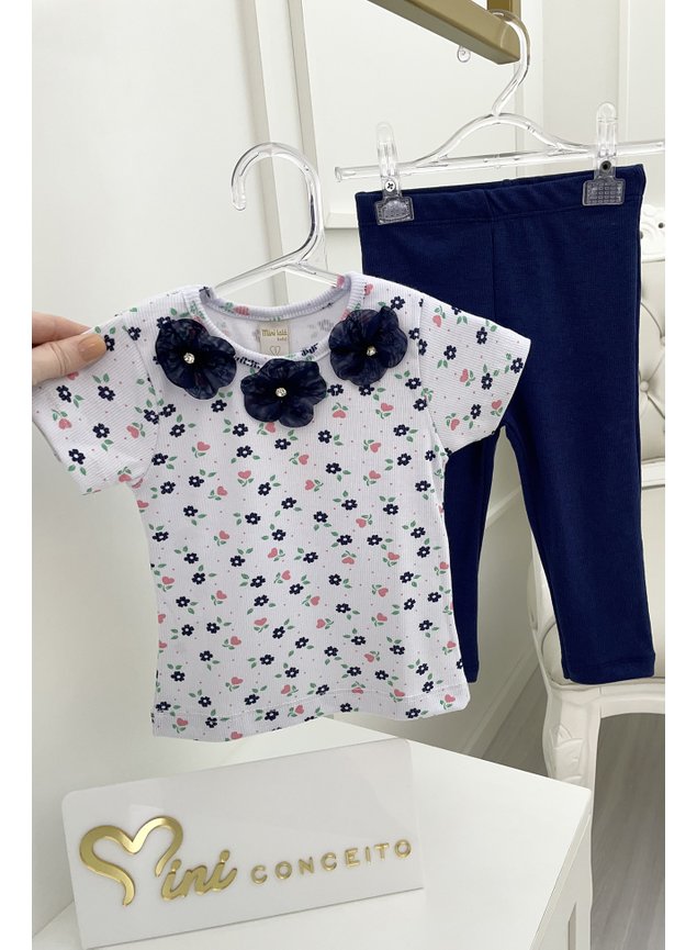 conjunto blusa em ribana canelada legging cala marinho flores branco manga curta menina infantil miniconceito