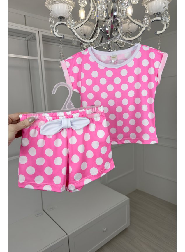conjunto poas rosa neon menina infantil shorts blusa miniconceito m