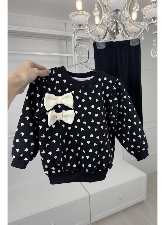 conjunto moletom coracoes laco branco preto off casaco calca moletom legging ribana cenelada meninas miniconceito infantil