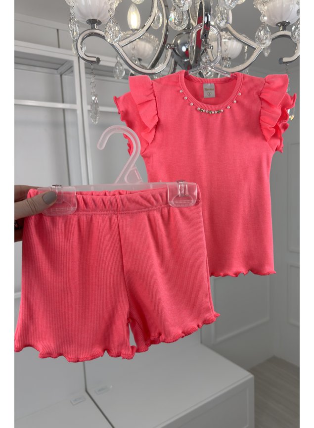 conjunto curto rosa neon menina infantil blusa shorts perolas bordado frufru babado miniconceito m p