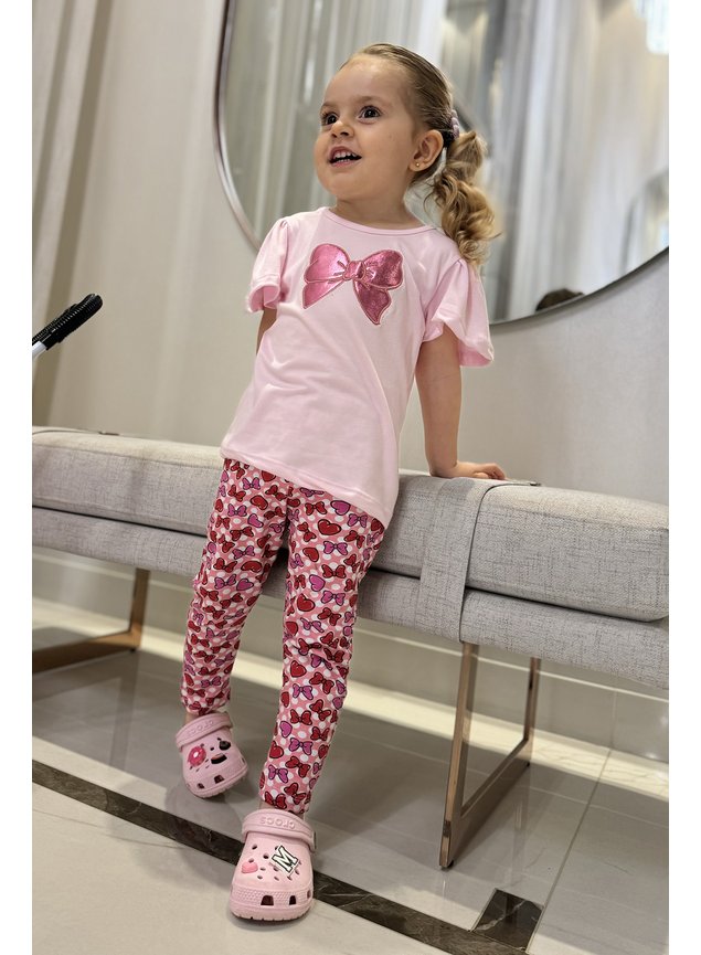 conjunto rosa laco coracoes metalizado menina infantil legging calca blusa miniconceito