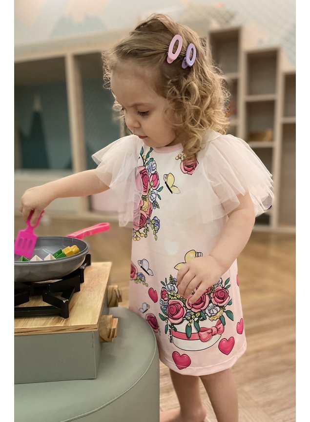 vestido manga tule flores coracoes borboleta rosa menina infantil miniconceito t