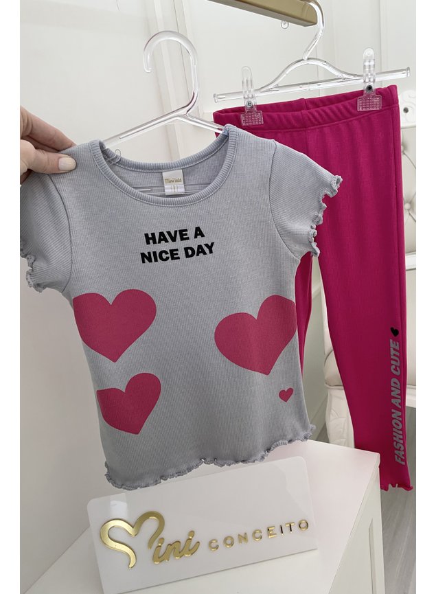 Conjunto rosa pink cinza bamnag curta blusa cala menina infantil miniconceito