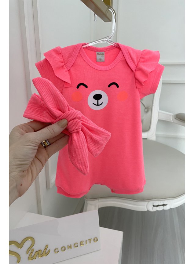 macaquinho rosa neon rostinho faixa kit menina infantil bebe miniconceito