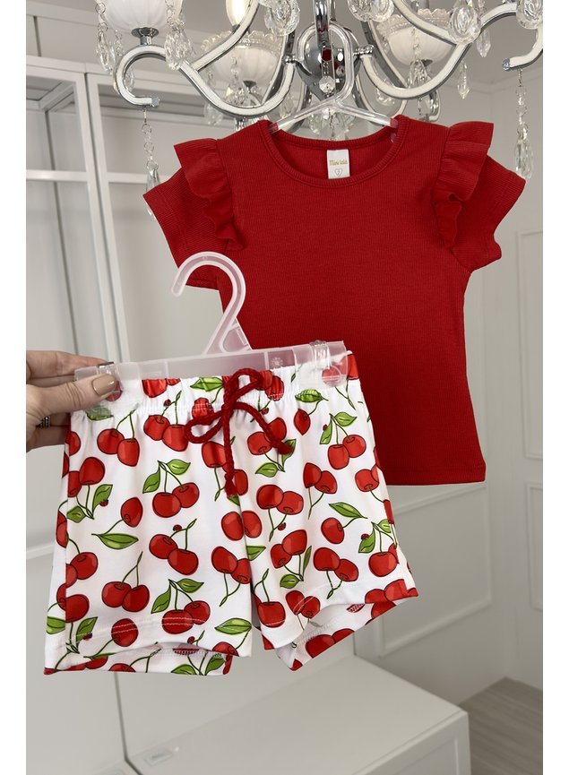 Conjunto blusa vermelha manga curta babado shorts cereja menina infantil miniconceito h