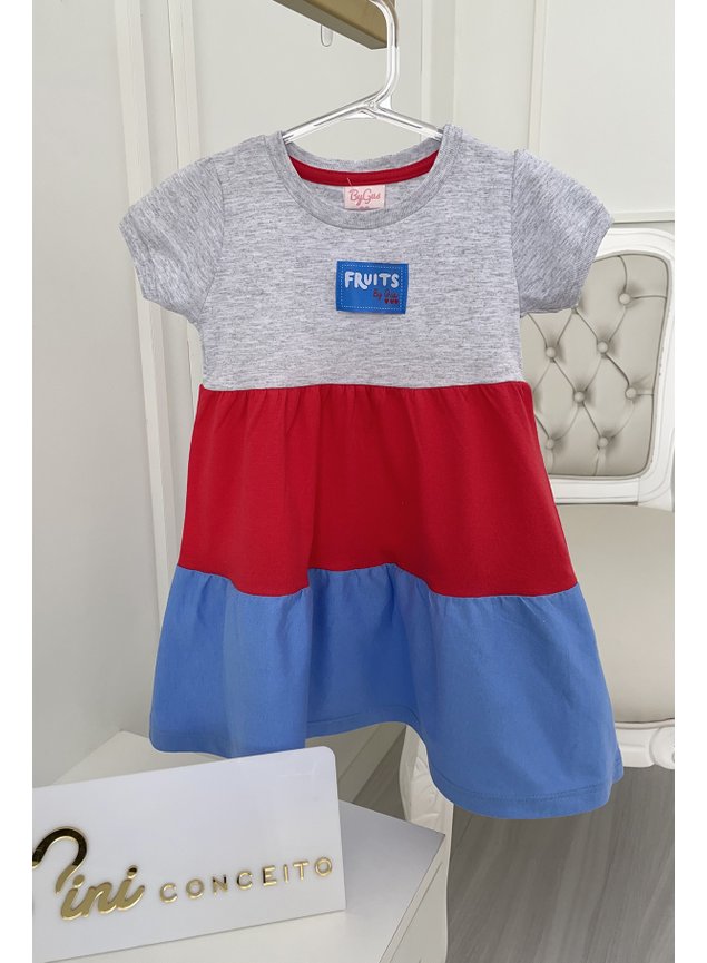 Vestido recortes azul vermelho mescla menina infantil miniconceito