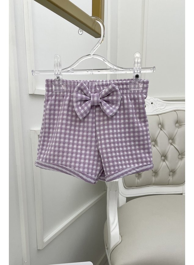 shorts xadrez lilas laco menina infantil bebe miniconceito