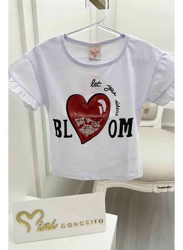 Blusa manga curta babado corao bordado legenda menina infantil miniconceito