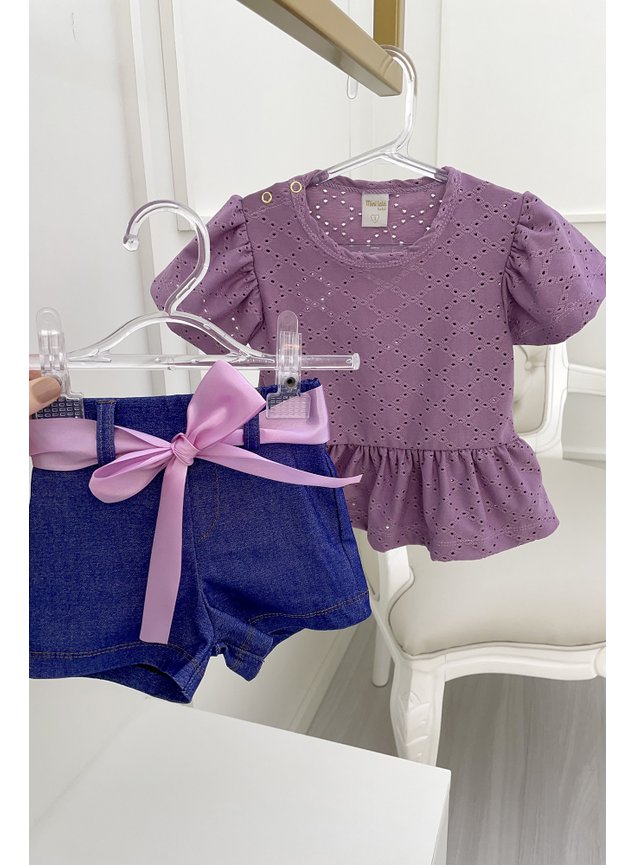 Conjunto lils shorts jeans laise blusa babado saia lao menina infantil miniconceito