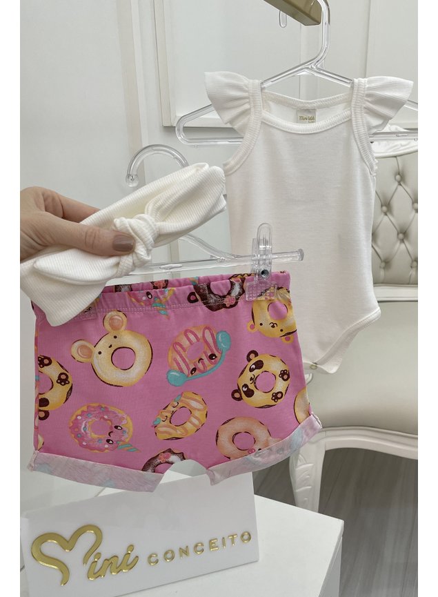 Conjunto body branco e shorts rosa chiclete donut menina infantil bebe regata
