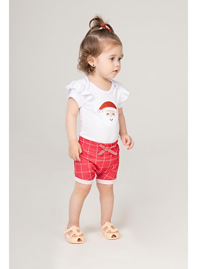 conjunto body off papai noel menina infantil natal bebe menino shorts xadrez